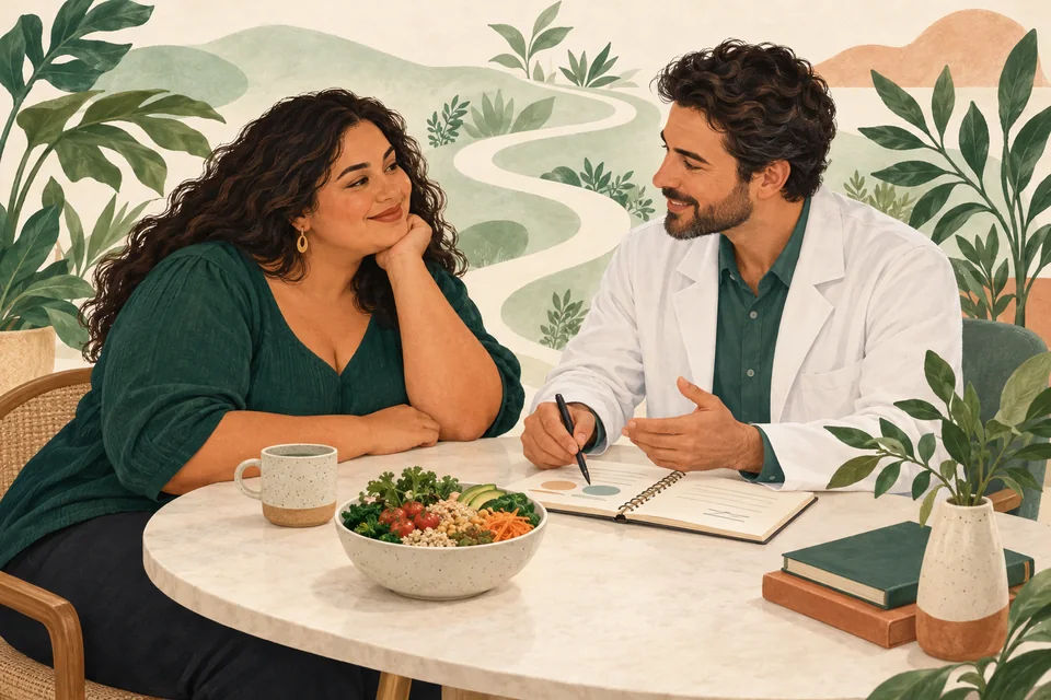 Ilustração de uma mulher e um profissional de saúde planejando o acompanhamento, com um caderno e alimentos sobre a mesa.
