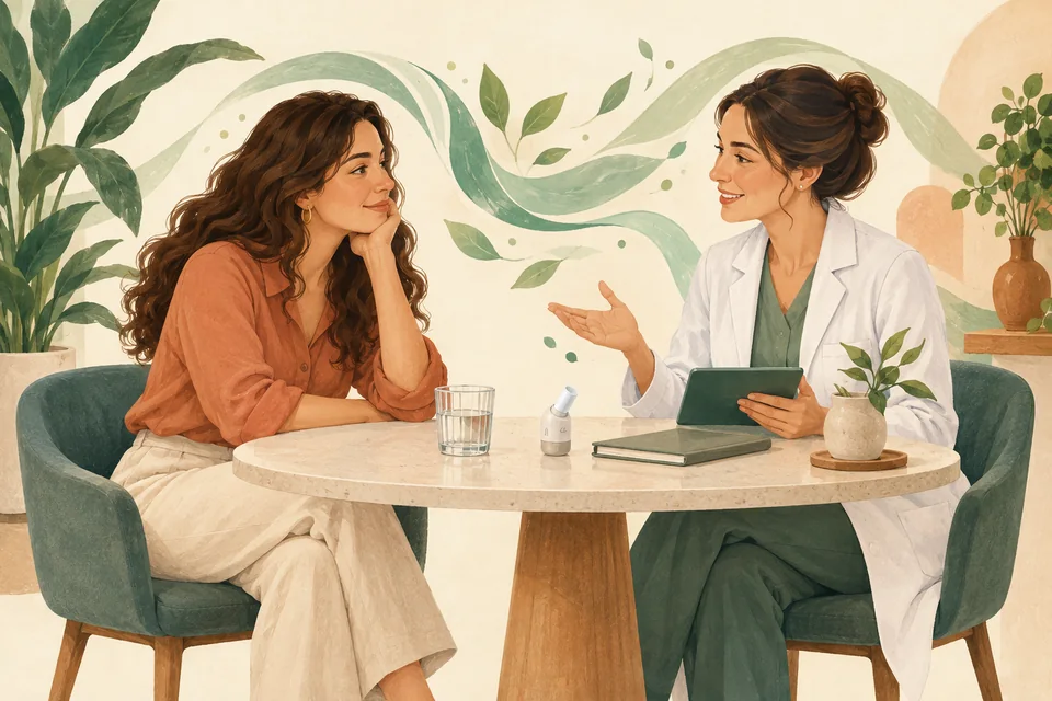 Ilustração de uma mulher conversando com uma profissional de saúde sobre bem-estar intestinal, em ambiente acolhedor com tons verdes.