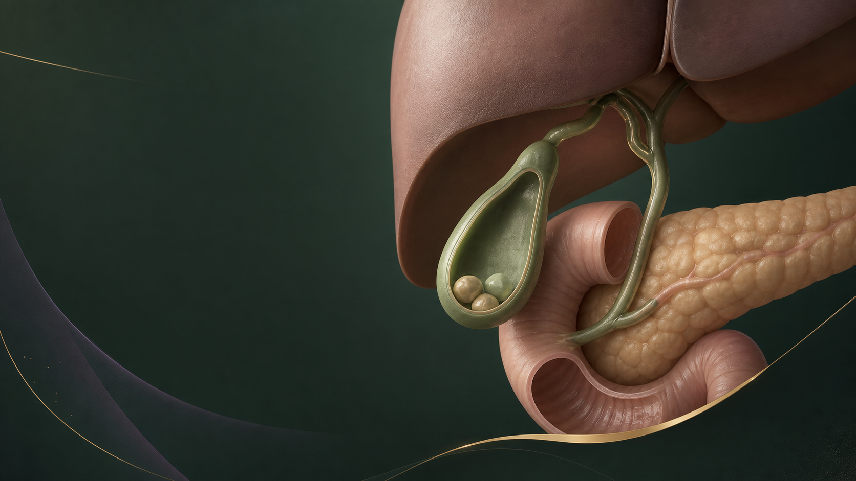 Ilustração médica da vesícula biliar com cálculos e das vias biliares